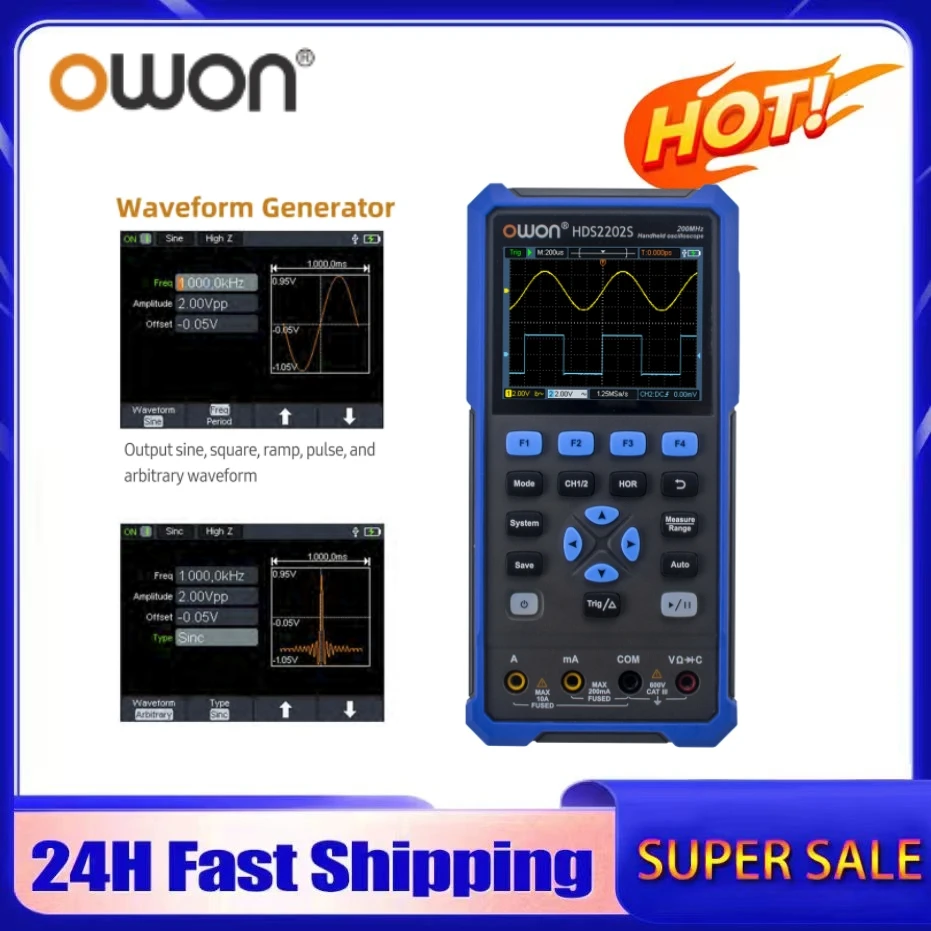 OWON HDS2202S Digital Oscilloscope 2 Channels 200Mhz 1GSa/s True RMS 3 in 1 USB Osiclloscopes + Multimeter+Waveform Generator