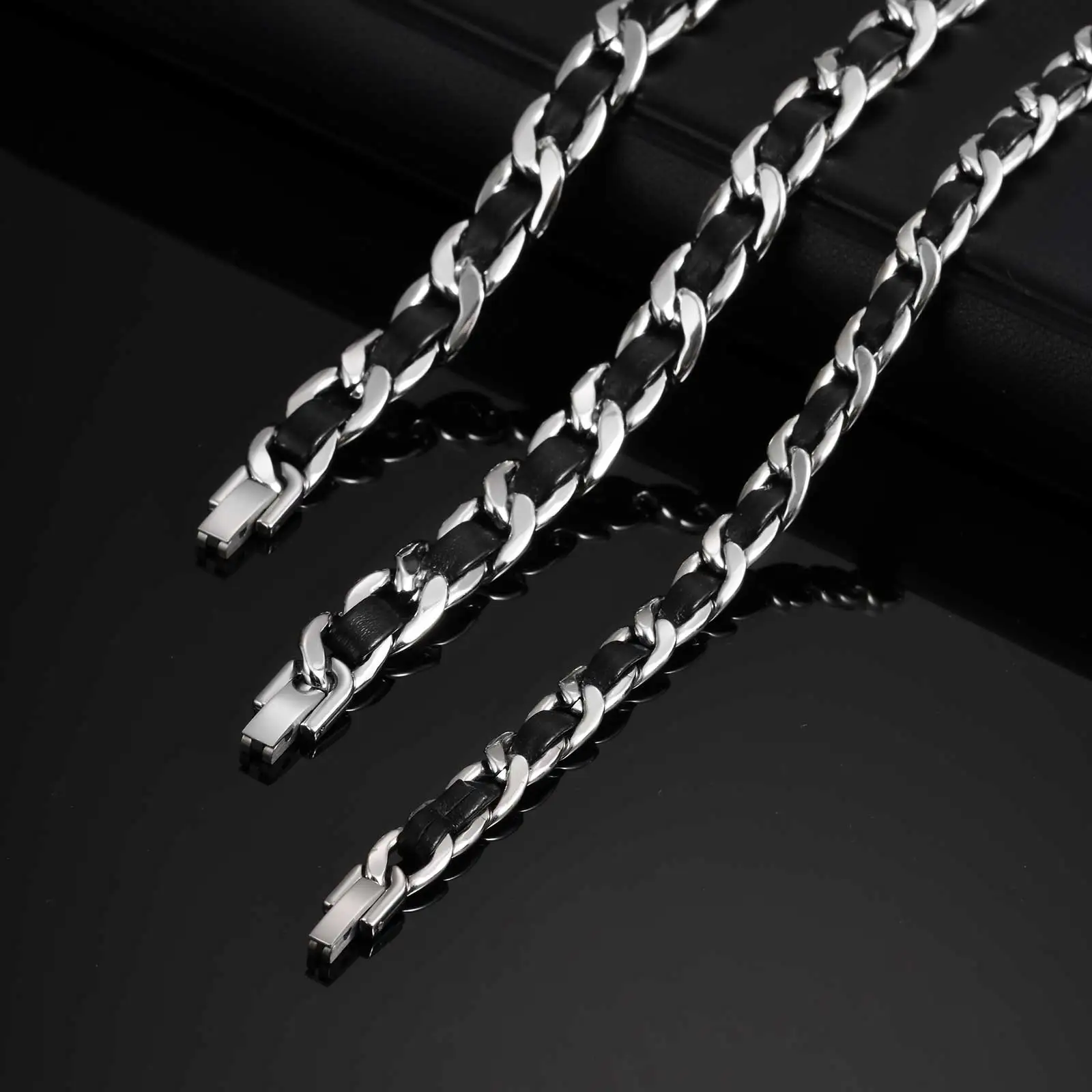 Men\'s Black Leather Chain Bracelets, Waterproof Stainless Steel Cuban Links Chain Wristband Gift Jewelry,pulseira masculina
