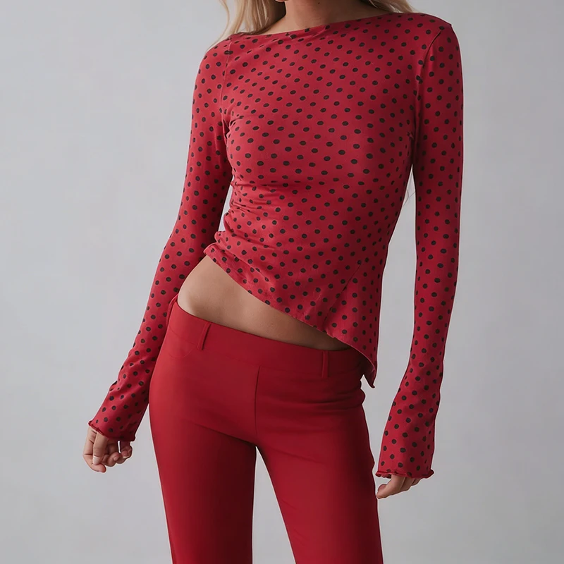 Womens Long Sleeve Cropped Shirt Aesthetic Polka Dots Slim Fit T-Shirt Basic Tees Comfort Going Out Tops Female Streetwear