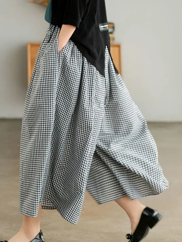 L-3XL Baggy Pants Women Plaid Casual Wide Leg Trouser Korean Style Lady Ankle-length Summer Simple Temperament Elegant All-match