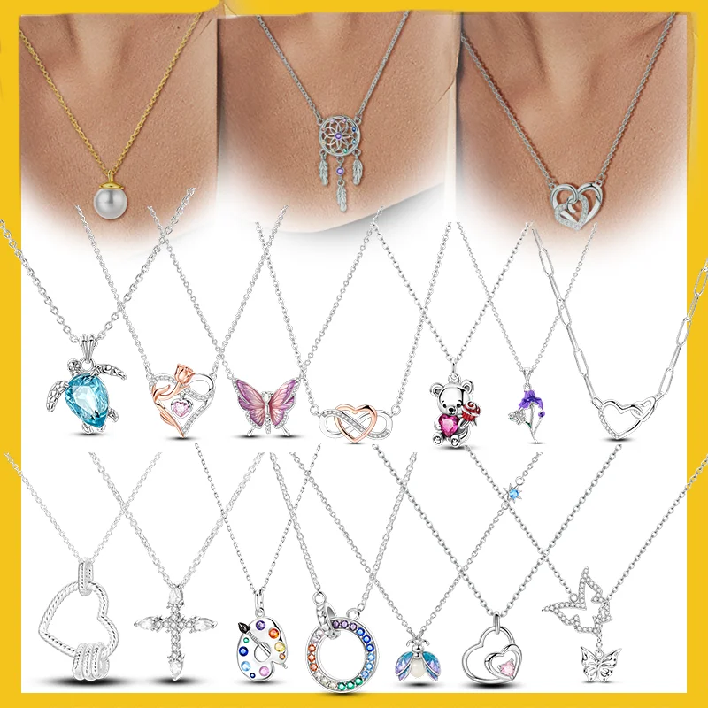 

New 925 Sterling Silver Necklace Pearl Turtle Butterfly Bear Heart Shape Pendant Necklaces For Women Jewelry Gift