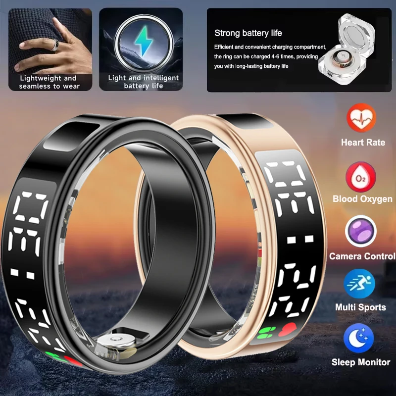 Smart Ring For Men Women Heart Rate Blood Oxygen Health and Sleep Monitor Multi Sport 5ATM Waterproof Ring With LED Display