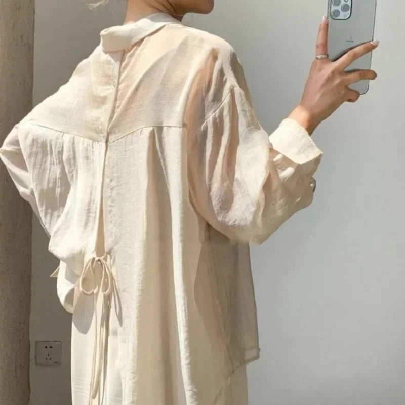 

Летняя блузка для женщин, винтажные рубашки, свободный кардиган с длинным рукавом, корейская мода, однотонная повседневная женская одежда, топ