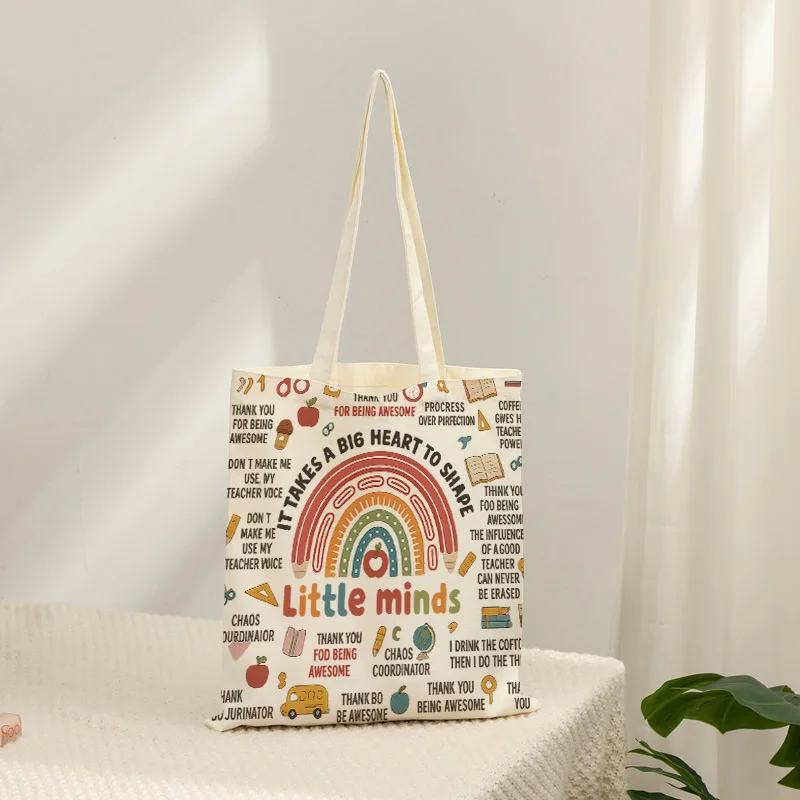 Vintage Teacher Print Canvas Tote Bag, Customizable Shoulder Bag, Appreciation Gift for Teachers & Educators