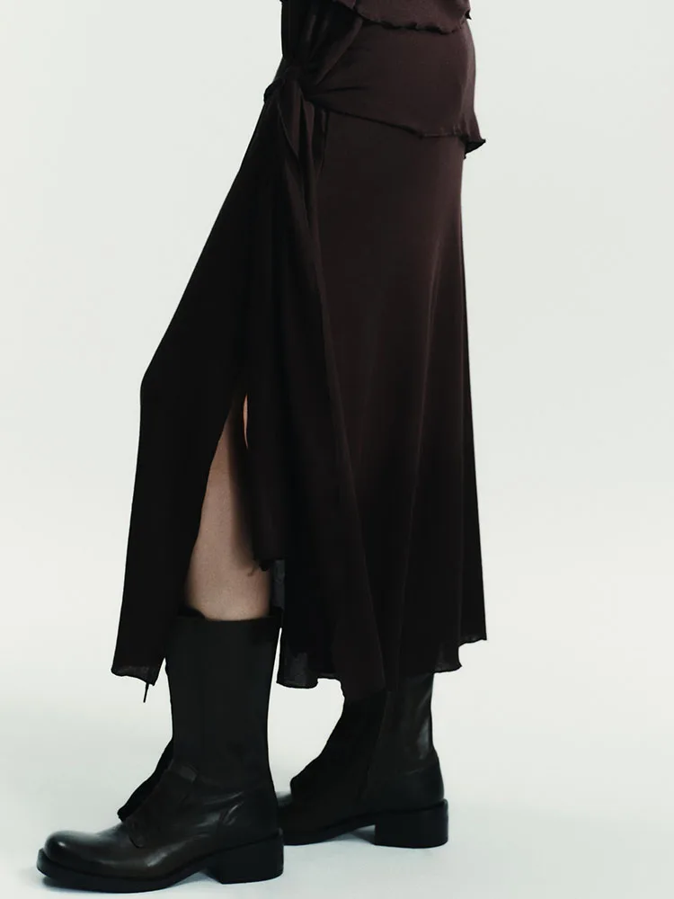 Зима 202, новая милая юбка-миди с высокой талией и разрезом, мягкий материал, женские юбки с разрезом f-длины, мягкие юбки-миди