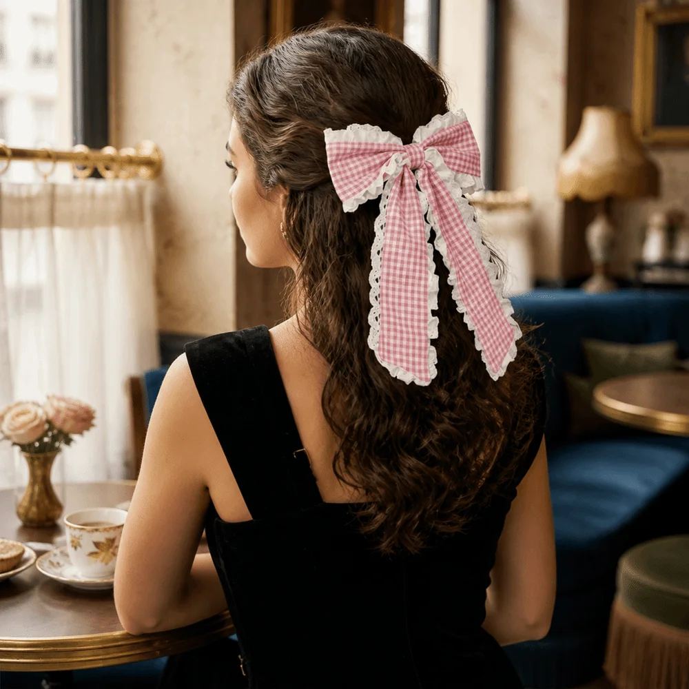 New Plaid Pattern Hair Clips Lace Bow Spring Clip Lolita Hairpins Long Half-Up Hairstyles Hair Barrettes For Women Girls