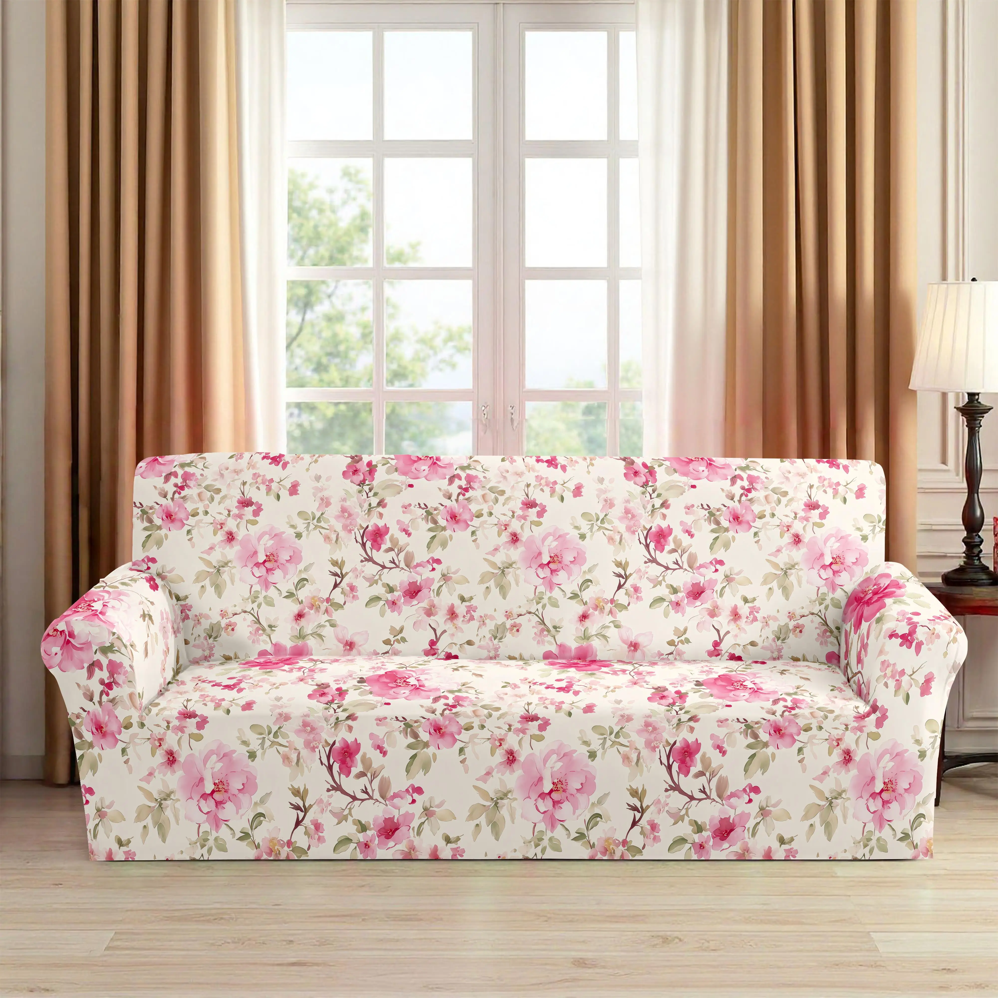 1pc Watercolor Pink Peony Floral Print Stretch Sofa Cover, Removable Washable Anti-Dust Couch Slipcover