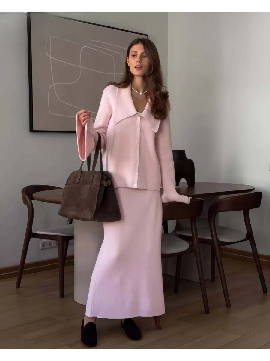 Women Suits 2 Pieces Female Sets Polo Neck Cardigan Sweater & Midi Dress Knitted TrackSuit Hirsionsan Sexy Soft Elegant Vintage