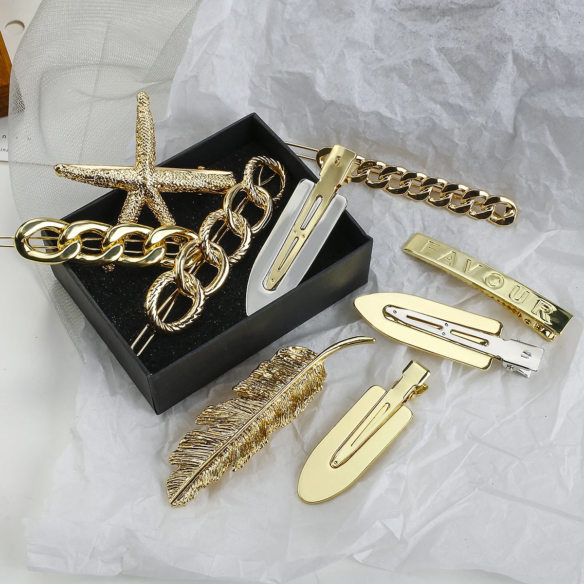 Gold Color Star Heart Leaf Chain Hair Clip Hairpin For Women Girls Punk Irregular Geometric Side Duckbill Clamp Hair Accessories