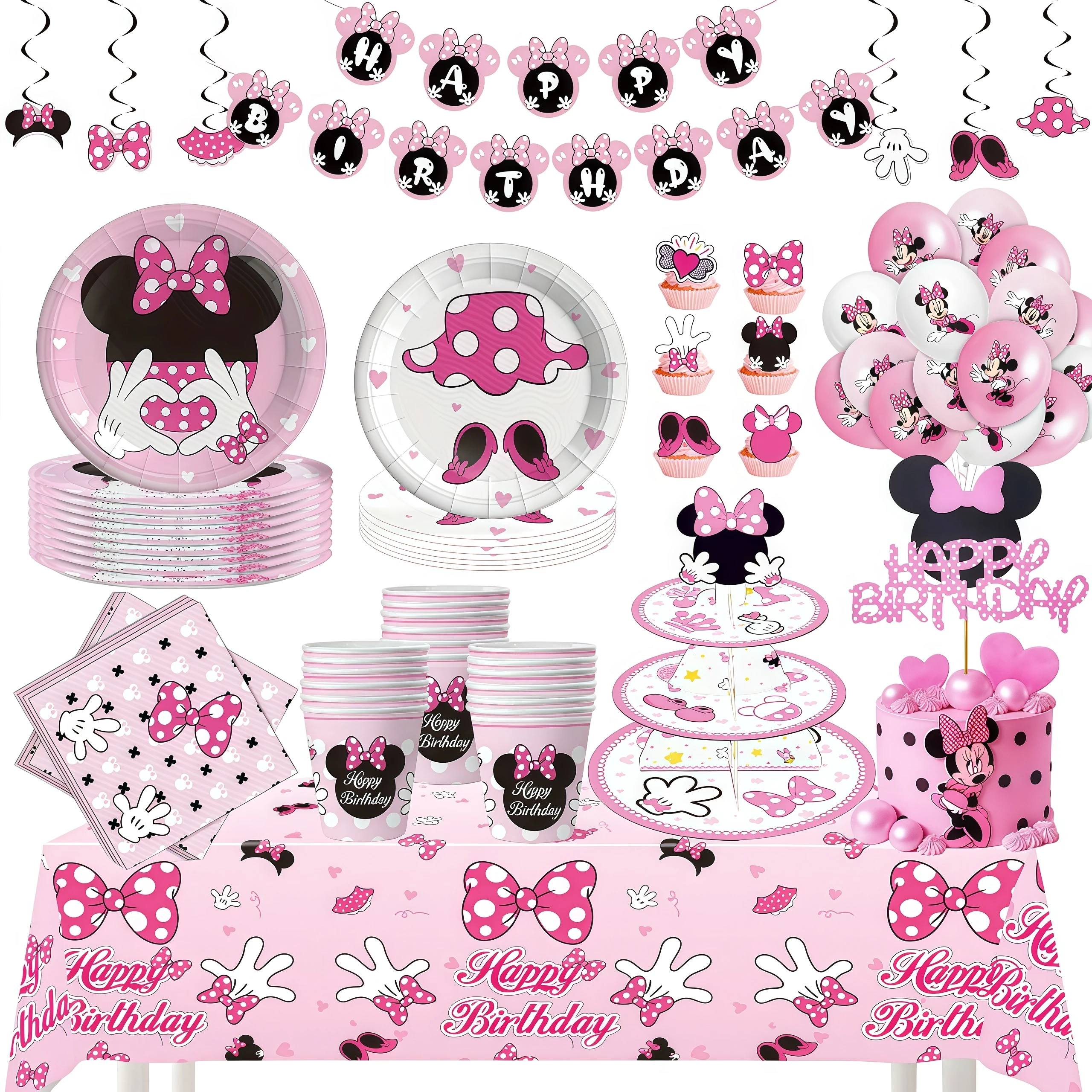 Décoration de fête d'anniversaire Minnie Mouse, vaisselle, tasses, assiettes, décoration de gâteau, ballons, toile de fond pour réception-cadeau pour bébé, fournitures de fête pour filles