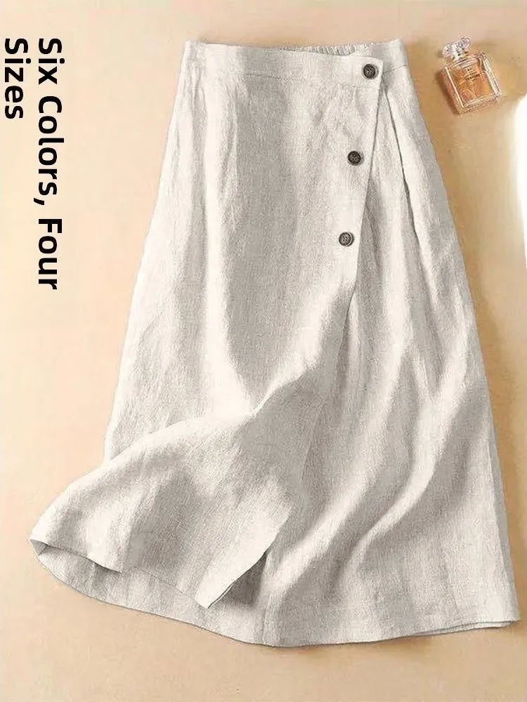 Pure Color Elastic Waist Split Button Half Skirt Ladies Casual Skirts Polyester Fiber Asymmetrical Hem Loose Fit Spring Season