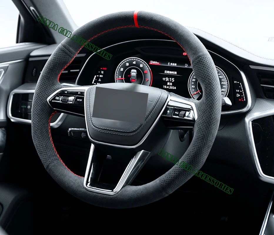 High Quality 9002 Suede Genuine Leather Red Thread Steering Wheel Cover Wrap Car Accessoires Specifically for Audi A6 A7 S6 S7