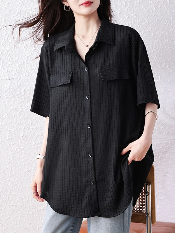 

Summer 2026 plus Size Women's Black Short Sleeve Shirt Loose Fitting Slimming Tummy Covering Casual Style Mid-Length Top