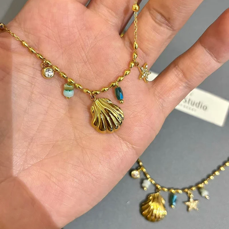 Sommerliche böhmische goldfarbene Anhänger-Halskette für Damen, Edelstahl, Meerjungfrauen-Schlüsselbeinkette, Schmuck-Accessoire, nicht verblassend, trendig – Detail 11