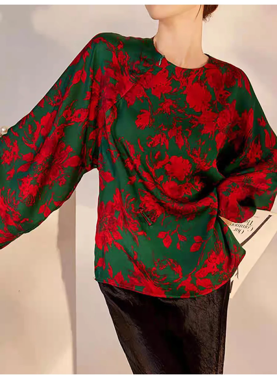 Spring and Autumn New O-Neck+Diagonal Zipper Horn Sleeve Retro Style Elegant Silk Fabric Printed Women's Shirt S-L