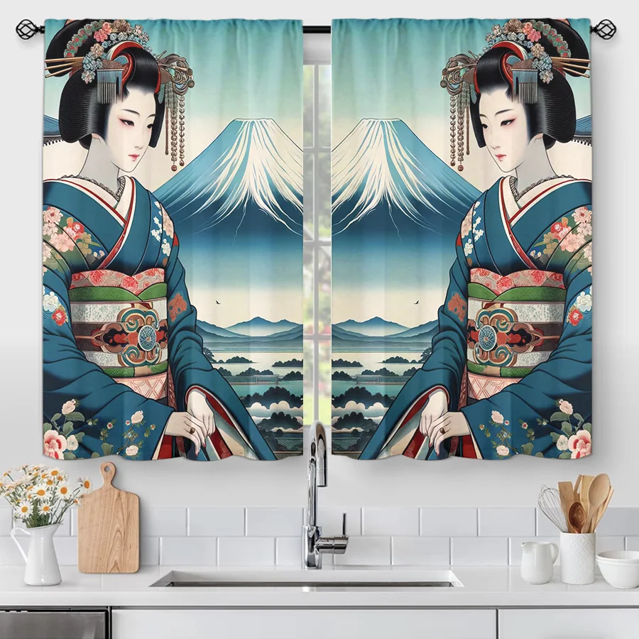 2PCS Digital Print Curtains, Japanese Geisha Mount Fuji Lake Landscape, Ukiyo-e Art for Living Room Bedroom Home Decor