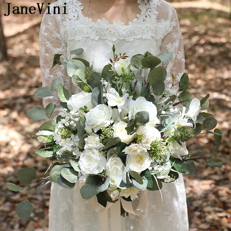 

JaneVini Elegant Boho Wedding Bouquet White Bridal Flowers Real Touch Artificial Silk Roses for Bridesmaid Wedding Accessories