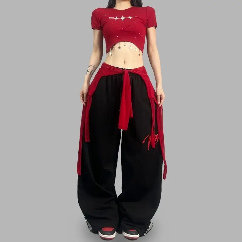Red Mesh Jazz Dance Waistband Street Dance Fashion Simple Ice Sensation Net Shirt Skirt for Ladies Standard Fit Chinese Made