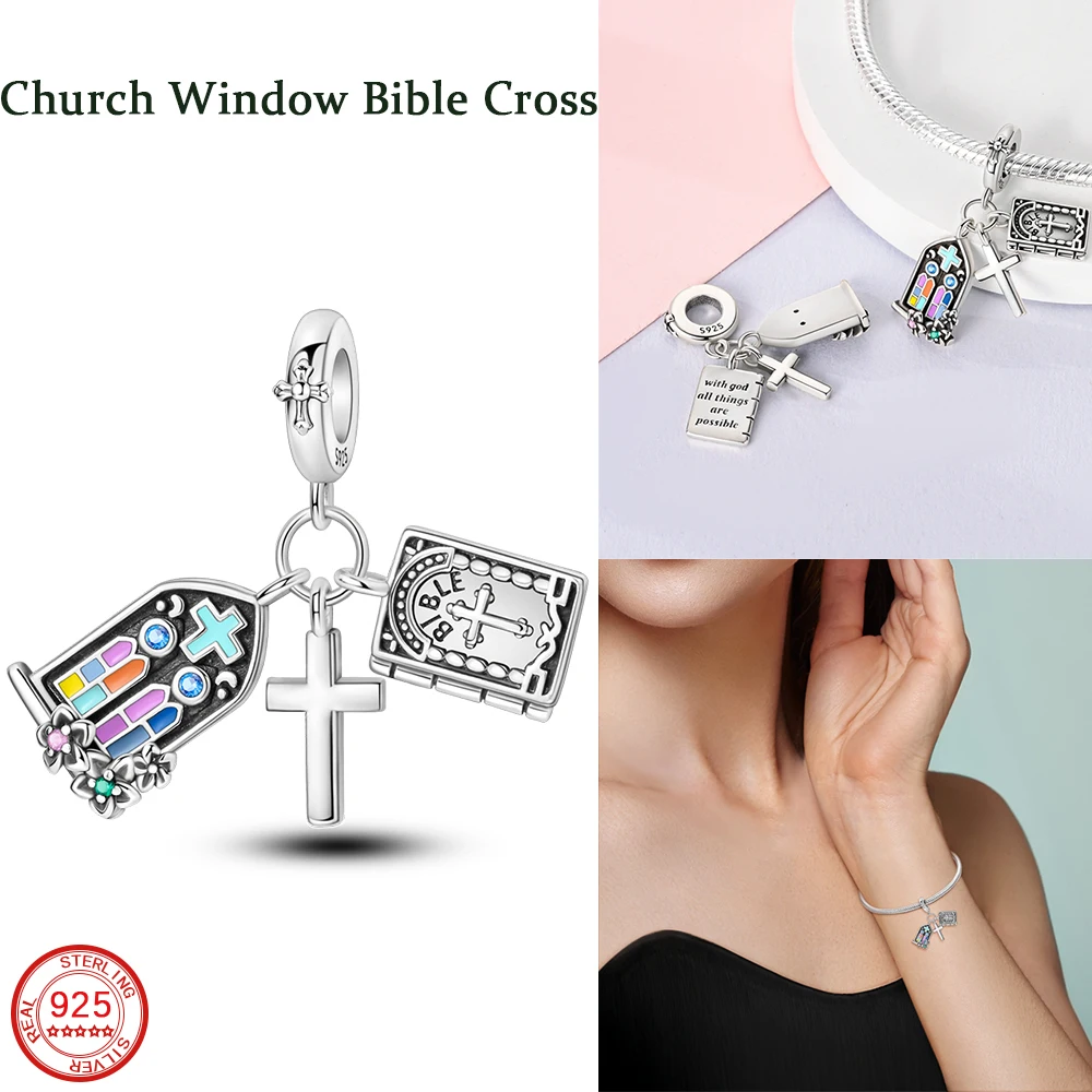 New Cute 925 Sterling Silver Church Window Bible Cross Charm Pendant Fit DIY Women's Bracelet Necklace Jewelry Gift Accessories