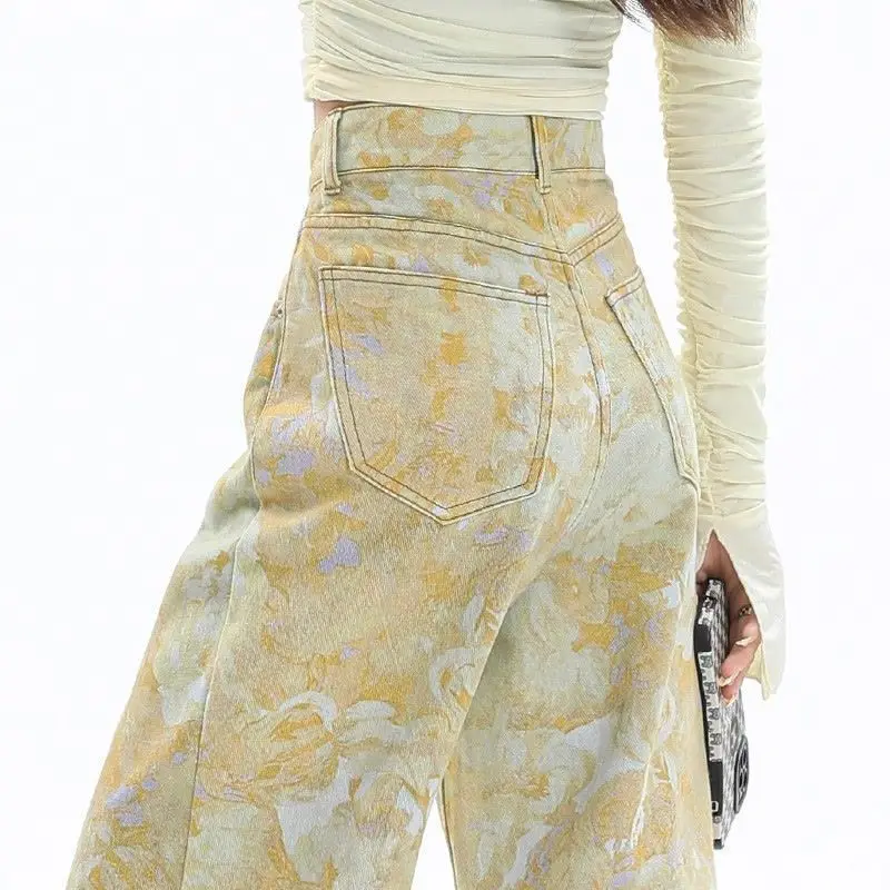 American Retro Printing Tie-dye Wide-leg Jeans 2026 Spring and Summer Women New Slim-fit Slim-fit Design Straight-leg Pants
