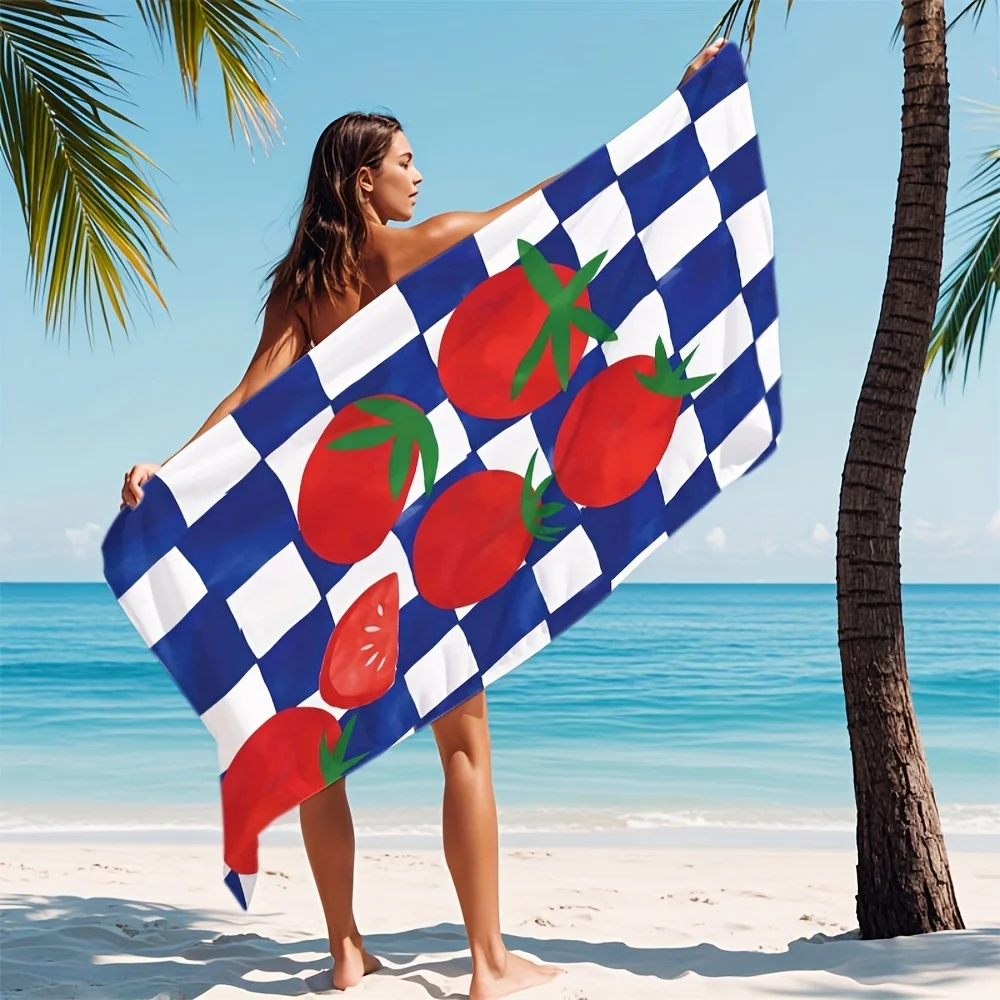 1pc Microfiber Beach Towel, Contemporary Style, Red Tomatoes on Blue & White Checkered Tablecloth Print, Super Soft, Windproof