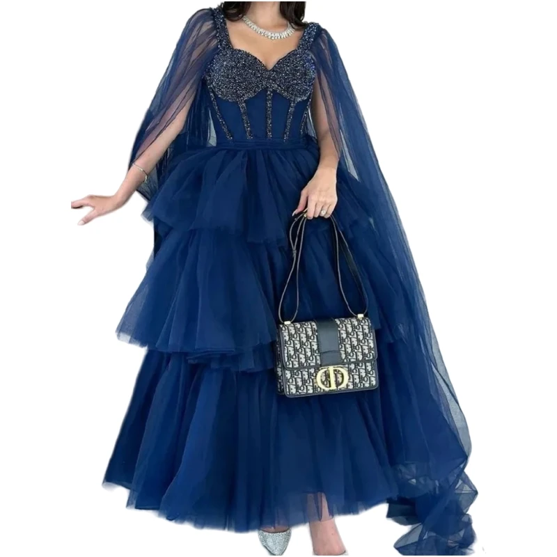 Gorgeous Arabic Dark Blue Prom Dresses With Sleeve Wrap Sweetheart Beaded Tiered Skrit Puffy Formal Evening Dress Homecoming