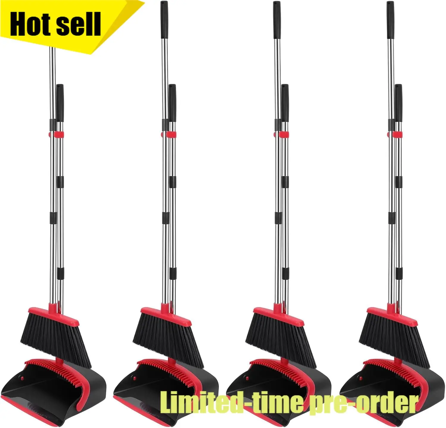 

52In Long Adjustable Handle Broom Dustpan Combo With Auto Hair Cleaning Teeth For Home Kitchen Office Hall Floor 4 Pack Black Re