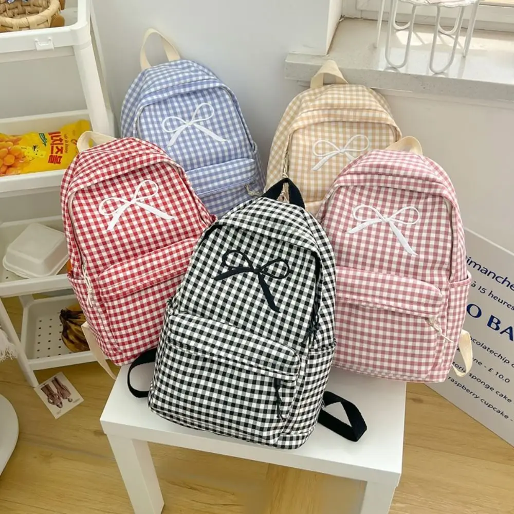 

Sweet Nylon Student School Bag Large Capacity Bow Casual Shoulder Backpack Solid Color Lattice Korean Style School Bag Kids