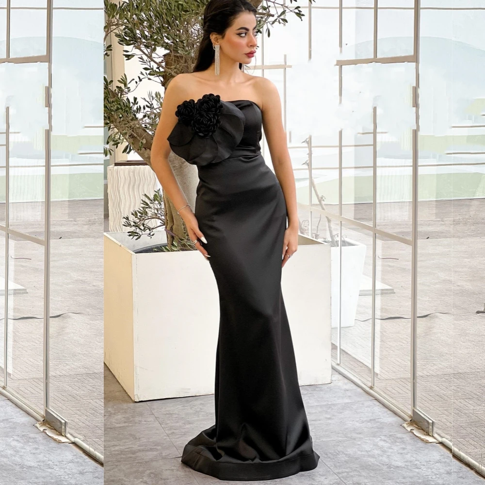 High Quality Sparkle Exquisite Satin Flower Valentine's Day Trumpet Strapless Bespoke Occasion Gown Long Dresses