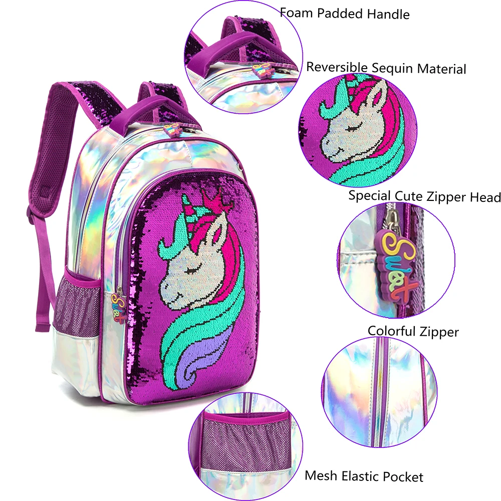 Imagem -03 - Meetbelify Unicorn Sequin Backpack com Lunchbag Bonito Schoolbag para Meninas Estudante da Escola Primária