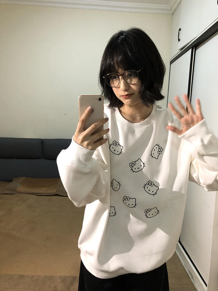 Kit redondo Ne Sweatshirt Feminino Outono Inverno Thiened Fce Long Sve Lazy Chic Hoodie Casual Confortável Top