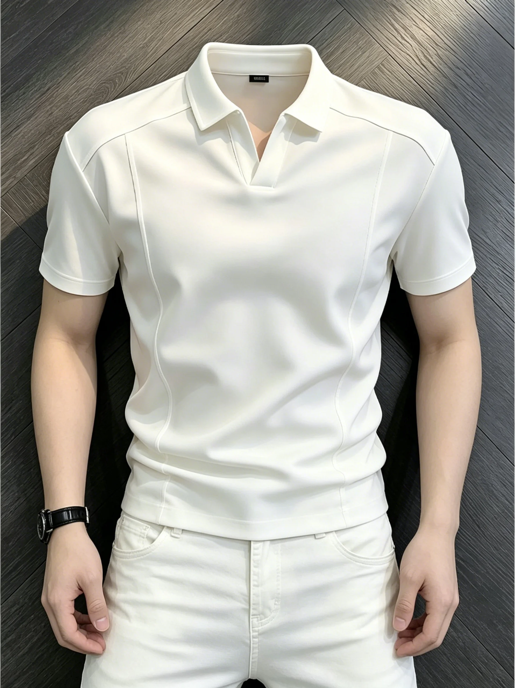White Seagull Collar  Shirt Short Sleeve Men's Summer Deconstructed Patchwork Turn-down T-shirt CleanFit Shoulder-Length ...