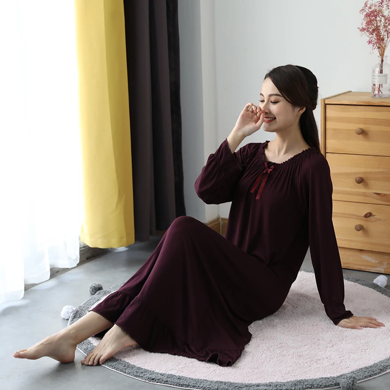 Spring Modal Nightgown Women O-Neck Soft Long Sleeve Nightdress Breathable Princess Sleepdress Home Clothes Sleepwear Plus Size