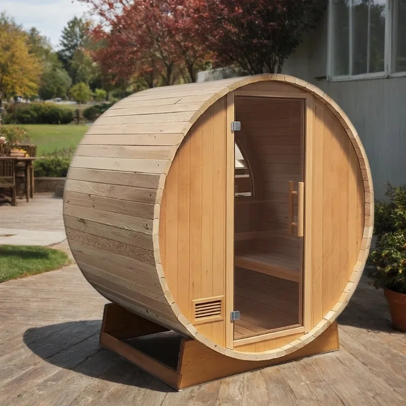 220V 4500W Modern Solid Wood Barrel Outdoor Sauna Room With Harvia Electric Heated Sauna Stove 4-Person Capacity