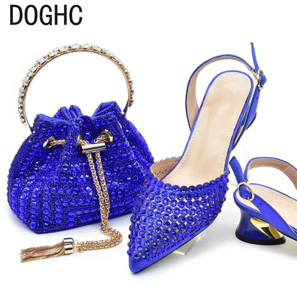 Mode Königsblau Schuh und Tasche Set verziert mit Strass Nigeria italienischen Schuhen und passenden Taschen elegante hochhackige Frauen Pumps