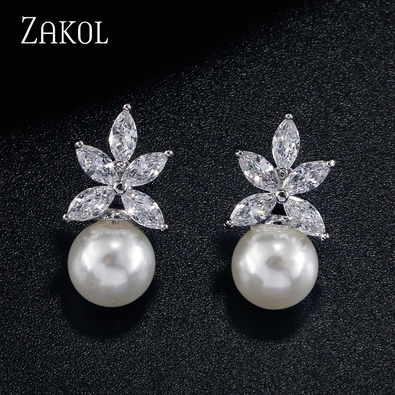 ZAKOL Clear Marquise Zircon Imitacja perły Kolczyki sztyfty Temperament Biżuteria ślubna dla nowożeńców