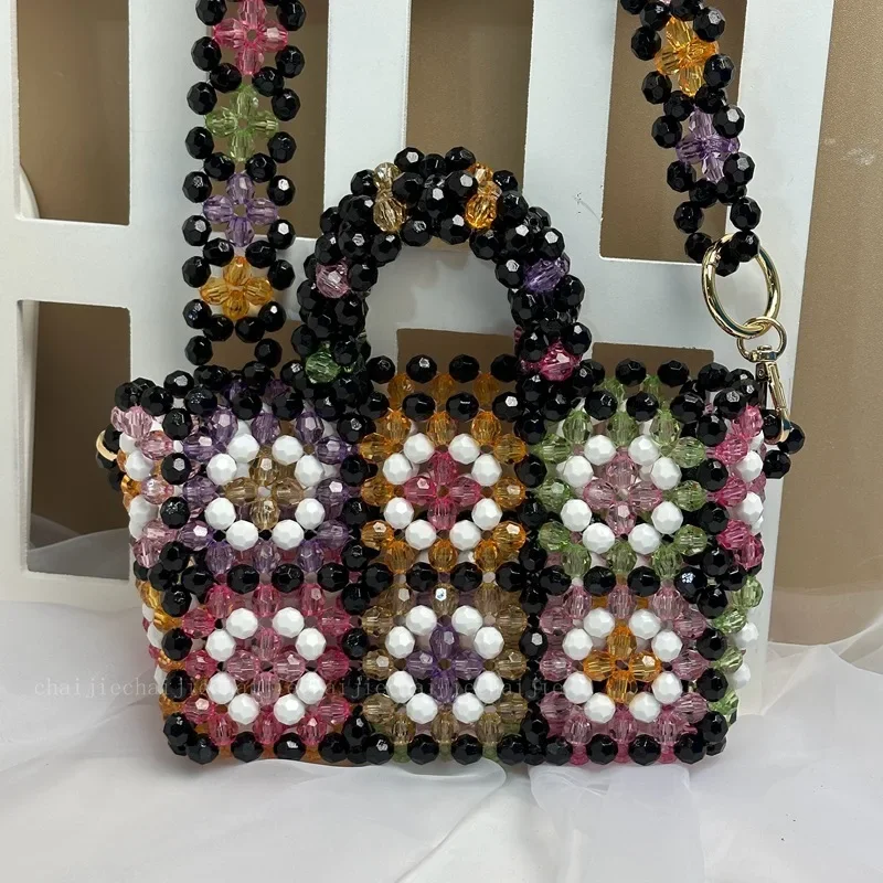 Colorful Beaded Flower Handbags For Women Fashion Hollow Hand-beaded Small Handbag Tote Bags Ladies Daily Shopping Shoulder Bag