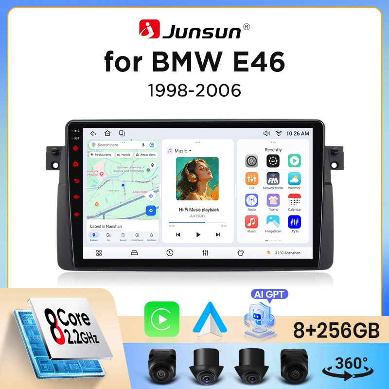 Autoradio Junsun sans fil CarPlay Android Auto pour BMW Série 3 (E46) 1998-2006 avec ventilateur de refroidissement intégré, navigation GPS Android, lecteur multimédia, WiFi, DSP, RDS, BT, SWC, écran