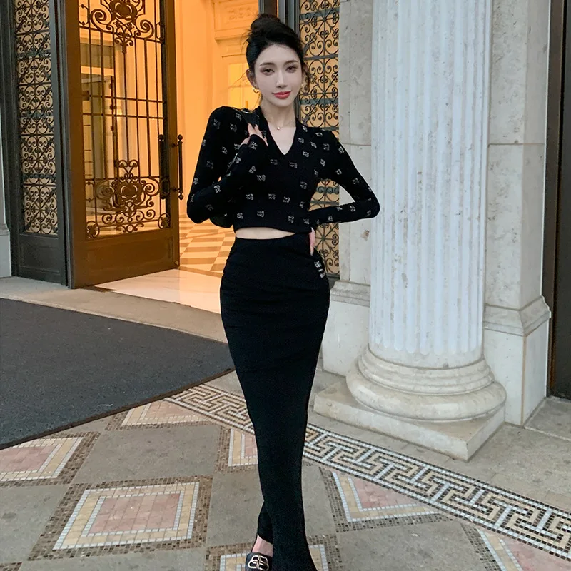 Long Sleeve Sexy Dress Autumn Two-piece Outward and Midi Dresses V-neck High Waist Trumpet Slim Fit Ankle Solid Black Dress