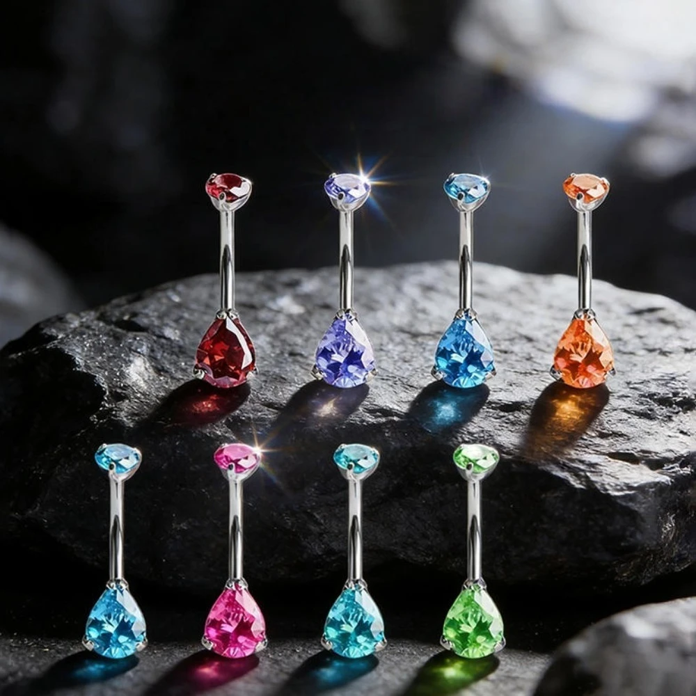 Women's G23 Titanium Teardrop Navel Piercing Double Zircon Belly Button Ring Jewelry Internal Thread Navel Ring  Accessory