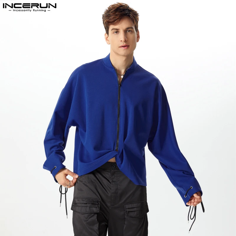 2024 INCERUN Elegant Men Long Sleeve Tops Casual Stand Collar Solid Color Hoodies Kink Design Zipper Handsome Loose Sweatshirts