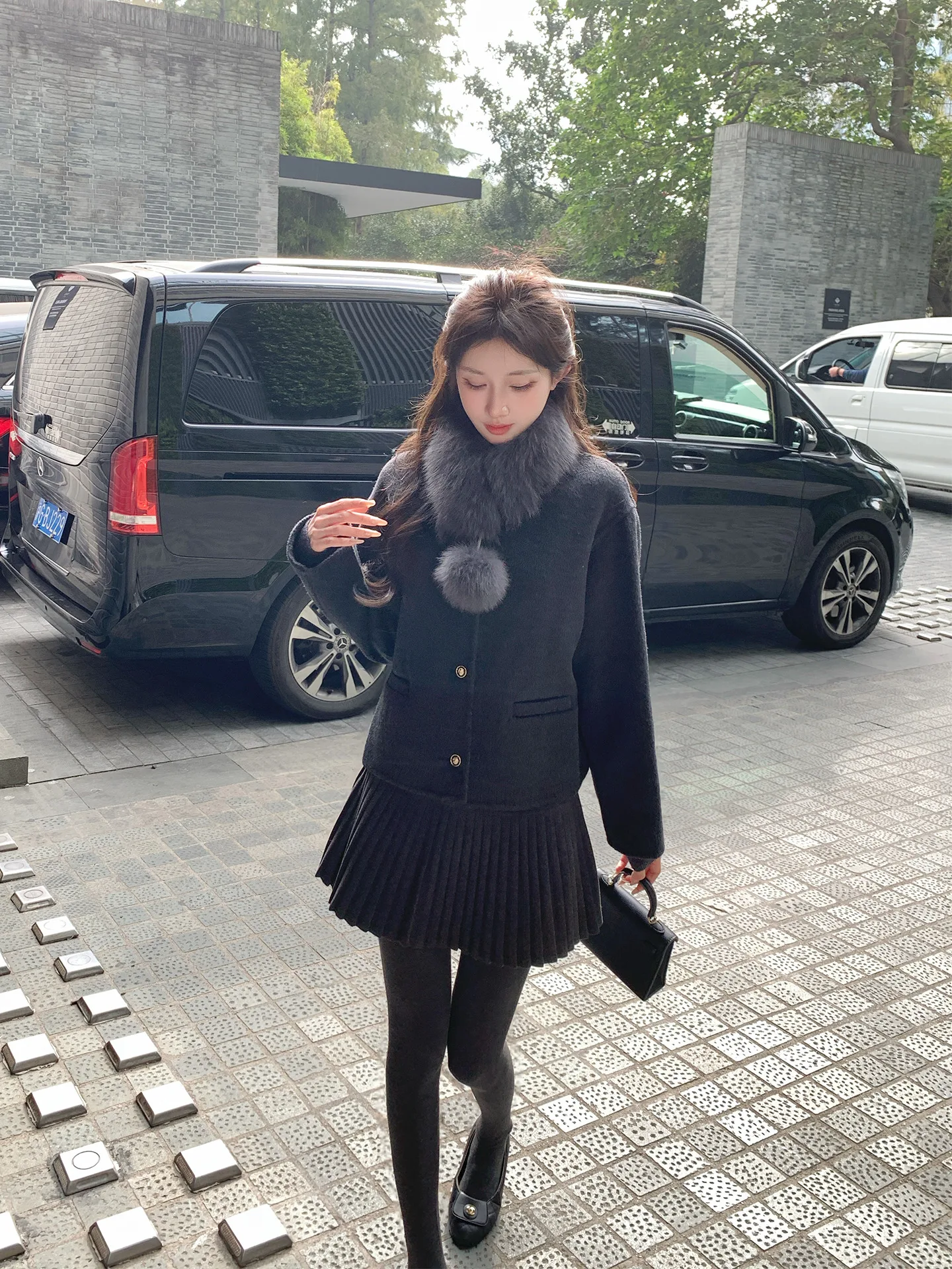 

Double-Sided Camere Woolen Jaet ort Casual Sle Women's Coat with Gold Bule Retro Design Bla And ey Colors