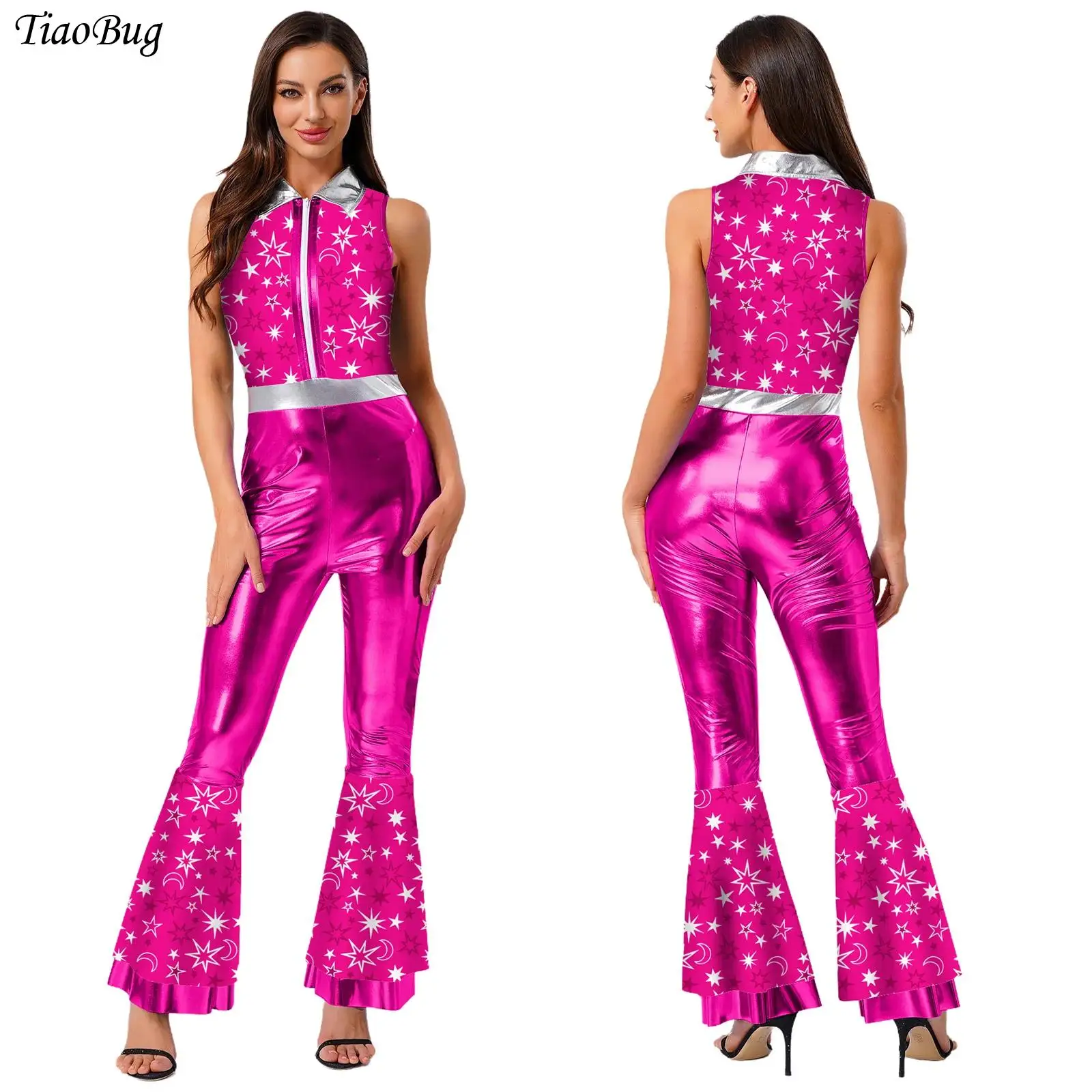 

Womens 70s Disco Dance Rompers Jumpsuit Chic Print Metallic Shiny Sleeveless Tiered Flared Bodysuit Hippie Jazz Dance Costumes