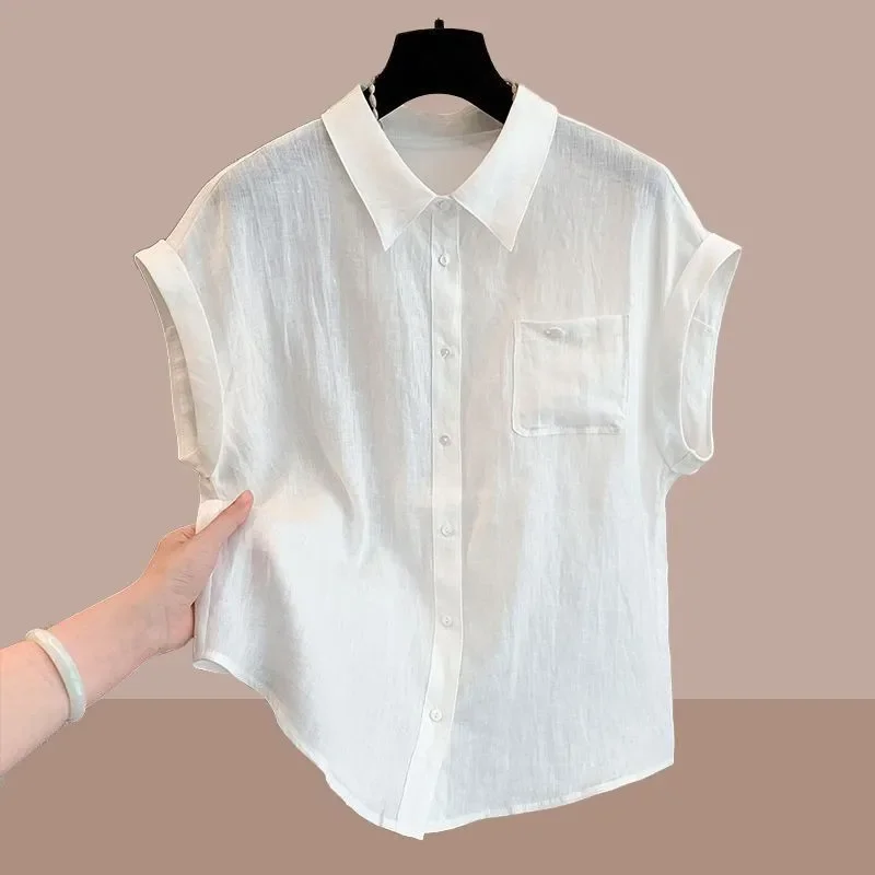 

Flip Collar Short Sleeved Shirt for Women's Summer Korean Version New Style Temperament Thin All Match Cardigan Top