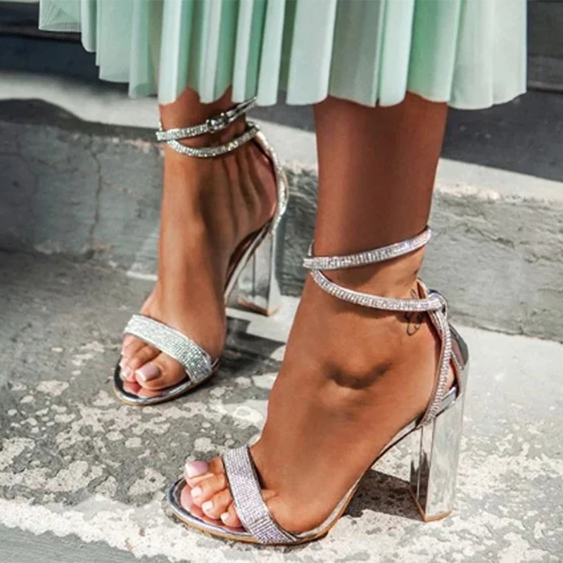 

Aneikeh серебристые модные летние пикантные женские сандалии с пряжкой и ремешком, женские туфли-лодочки на высоком каблуке для банкета и вечеринки