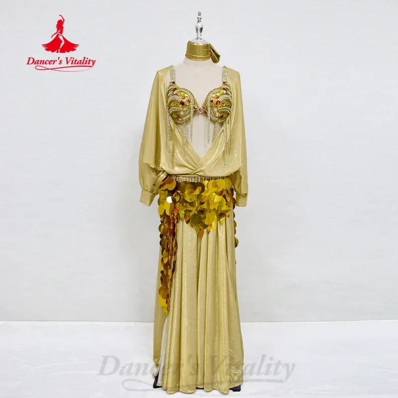 

Bellydance Costume Women Customized AB Stones Bra+Elegant Robe+Sequin Hip Scarf+Headscarf 4pcs Belly Dance Performance Costumes