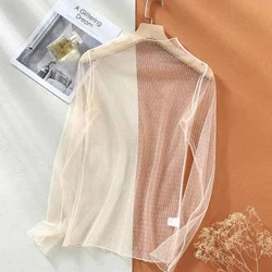Women Sexy Mesh Perspective Top Long Sleeve Sun-proof Simulated Neck Korean Fashion T-Shirts Summer Beach Everyday Wear Tops