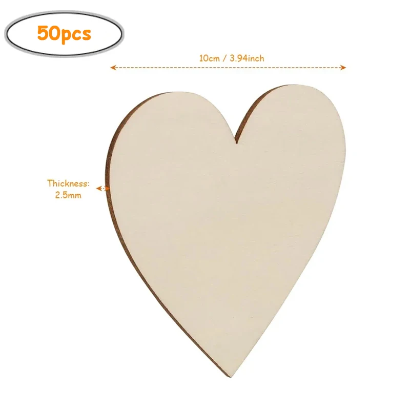 50pcs 10cm Wood Heart Cutouts, Unfinished Wooden Heart Slices Blank Pieces for DIY Craft Christmas, Wedding, Valentine Decor