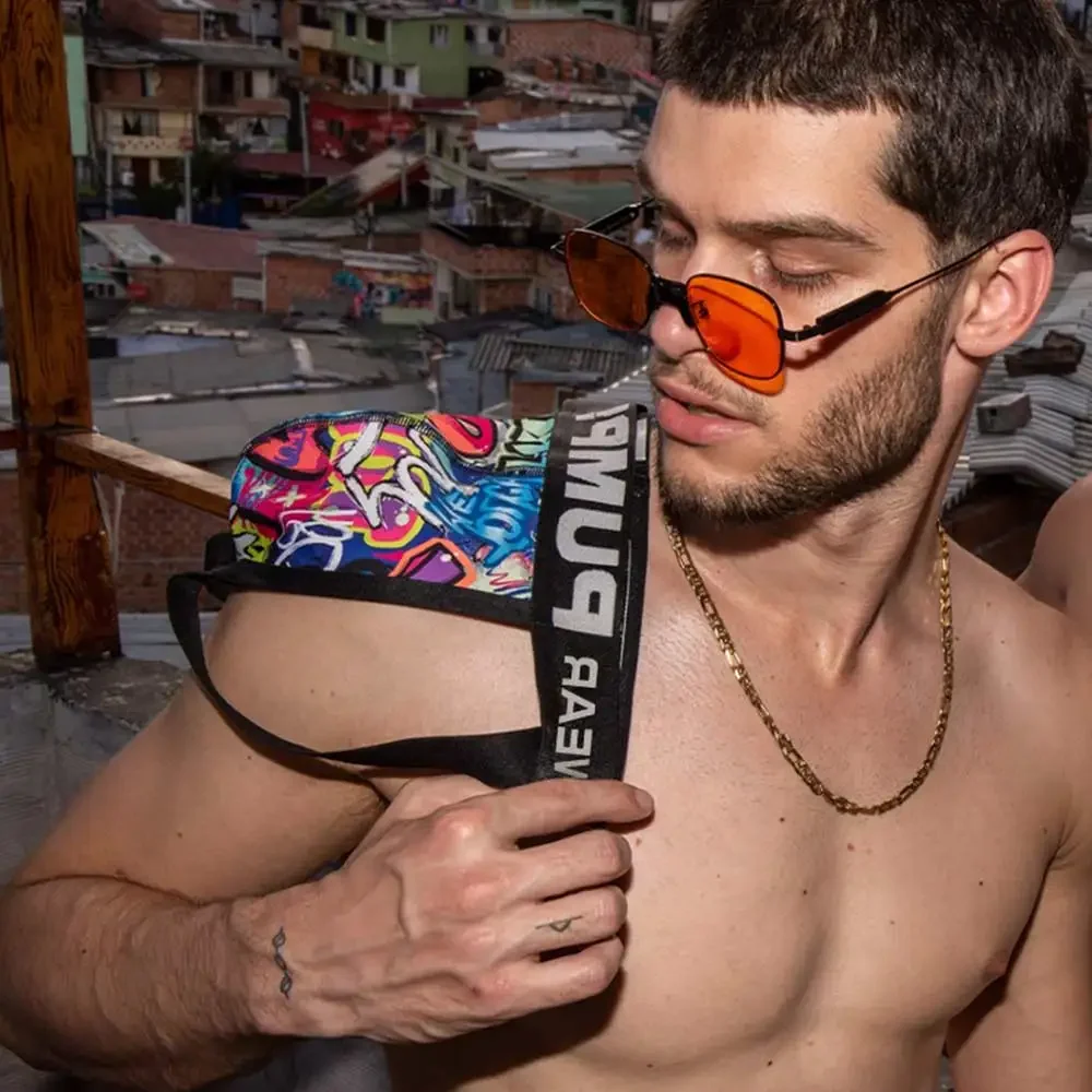 2PCS Sexy Men Underwear Man Graffiti Printed Briefs Jockstrap Comfortable Breathable Low Waist Boxers Male Panties