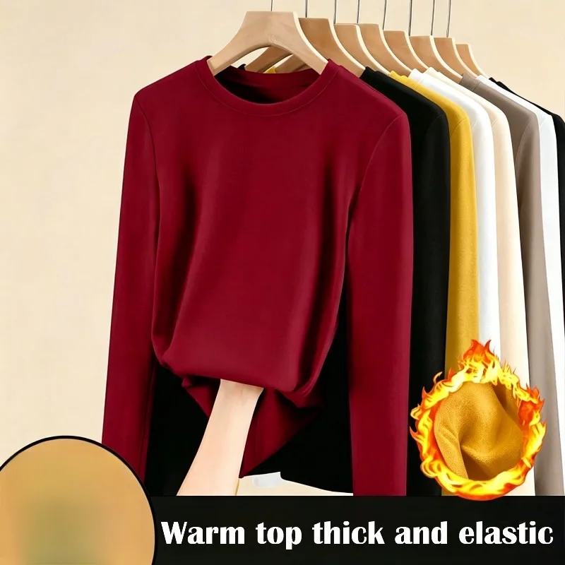 T-shirt thermique à manches longues en velours pour femme, col rond, coupe ajustée, sous-vêtement d'hiver, couche intérieure, haut de rangement thermique